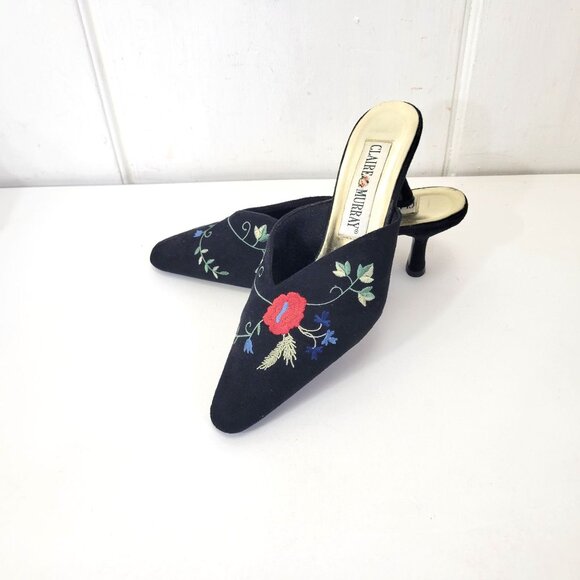 Claire Murray Provence Floral Embroidered Floral Black Mules Heels Women's Shoe - Picture 2 of 7